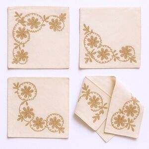 Vintage‎ Embroidered Linen Napkins Set of 4 Gold Floral Mid Century Table Linens